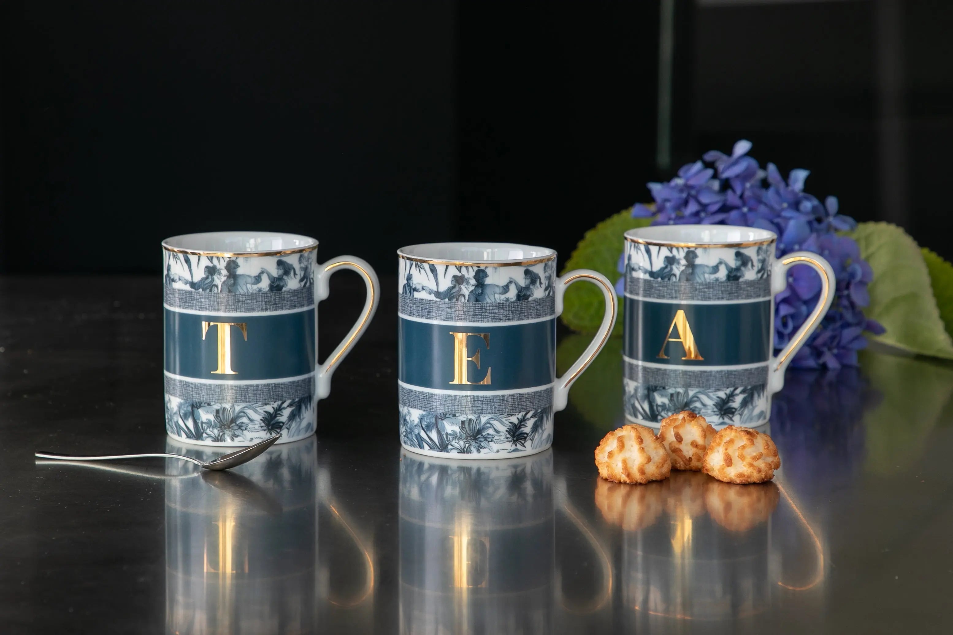 Alfabet alphabet mugs — blue toile-print porcelain with gold monogram letters by Amprio Milano