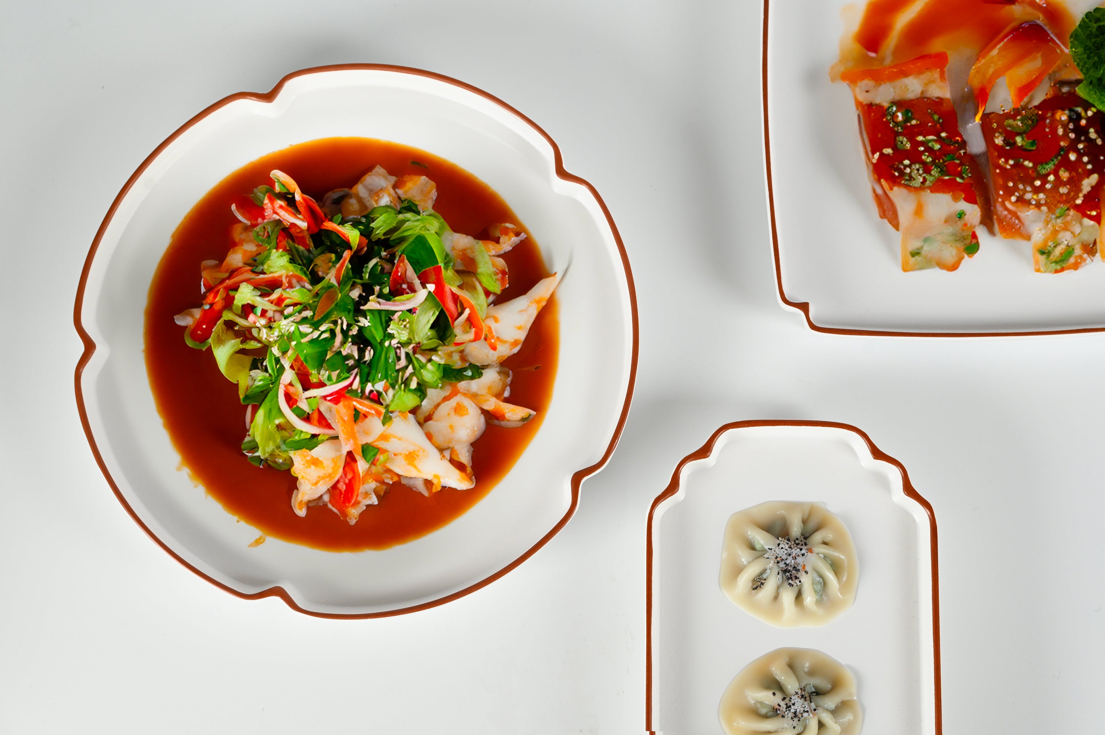 Premium Cosmopolitan melamine plates and platters in pure white with the brand's signature rust-edge detail, holding a poke salad, sashimi salmon, and dumplings on a clean studio surface.