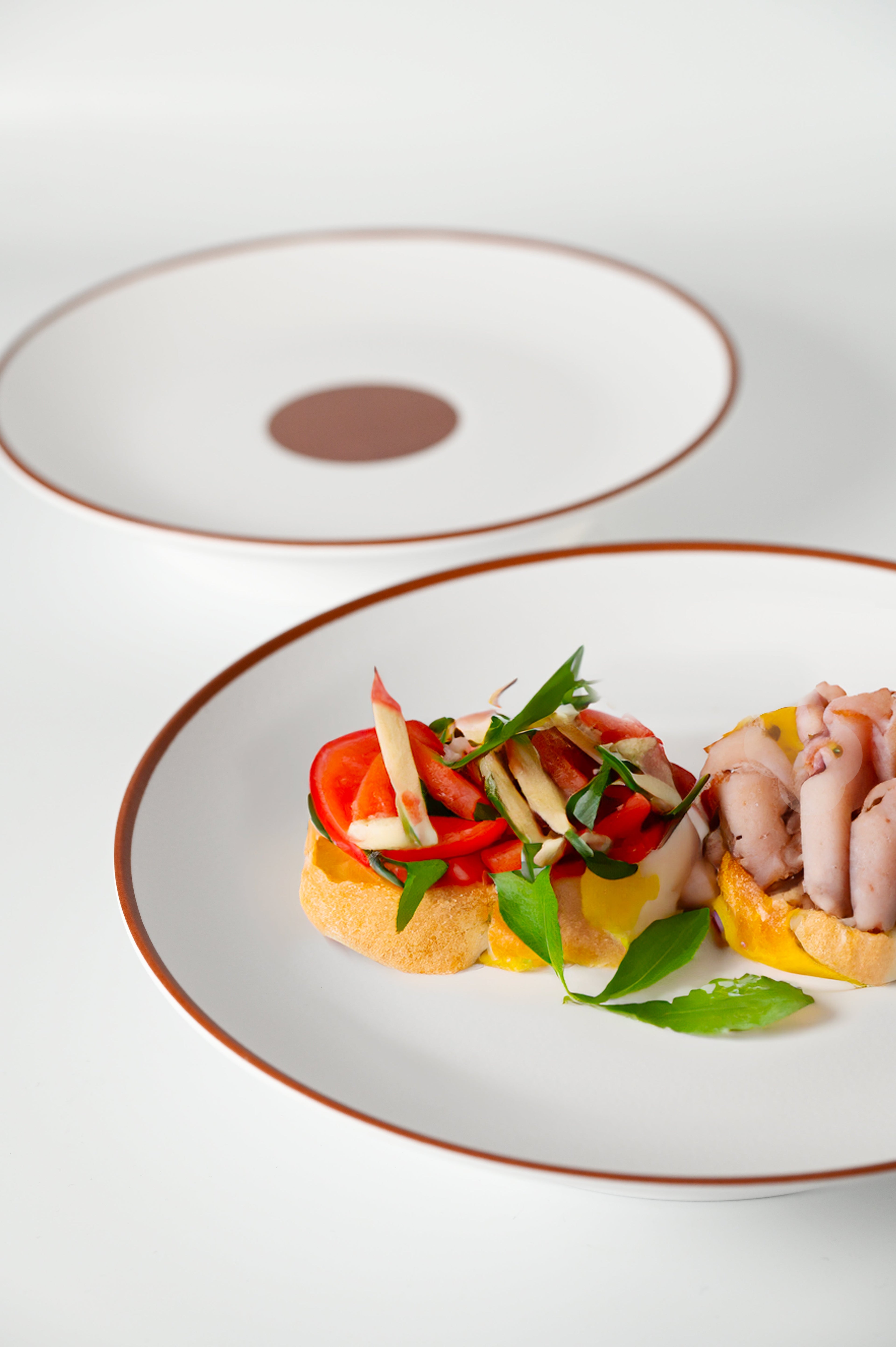 Chef-plated Asian fusion dishes — shrimp salad, sushi roll and dumplings — served on white Cosmopolitan melamine plates with signature brown rim.