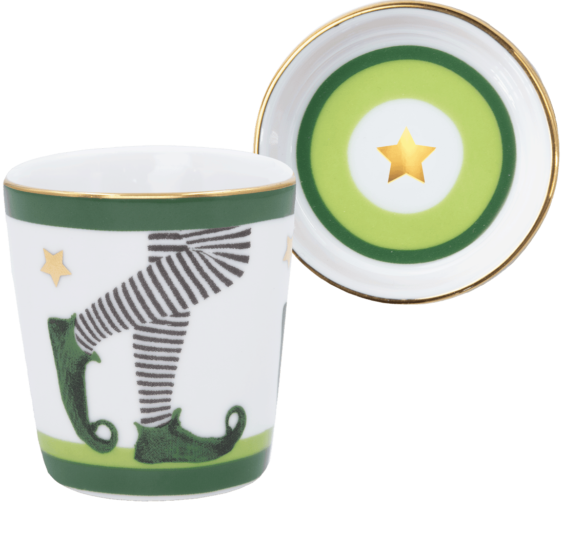 Elf & Co espresso cup and saucer — white porcelain with elf legs motif, green rings and a gold star by Amprio Milano