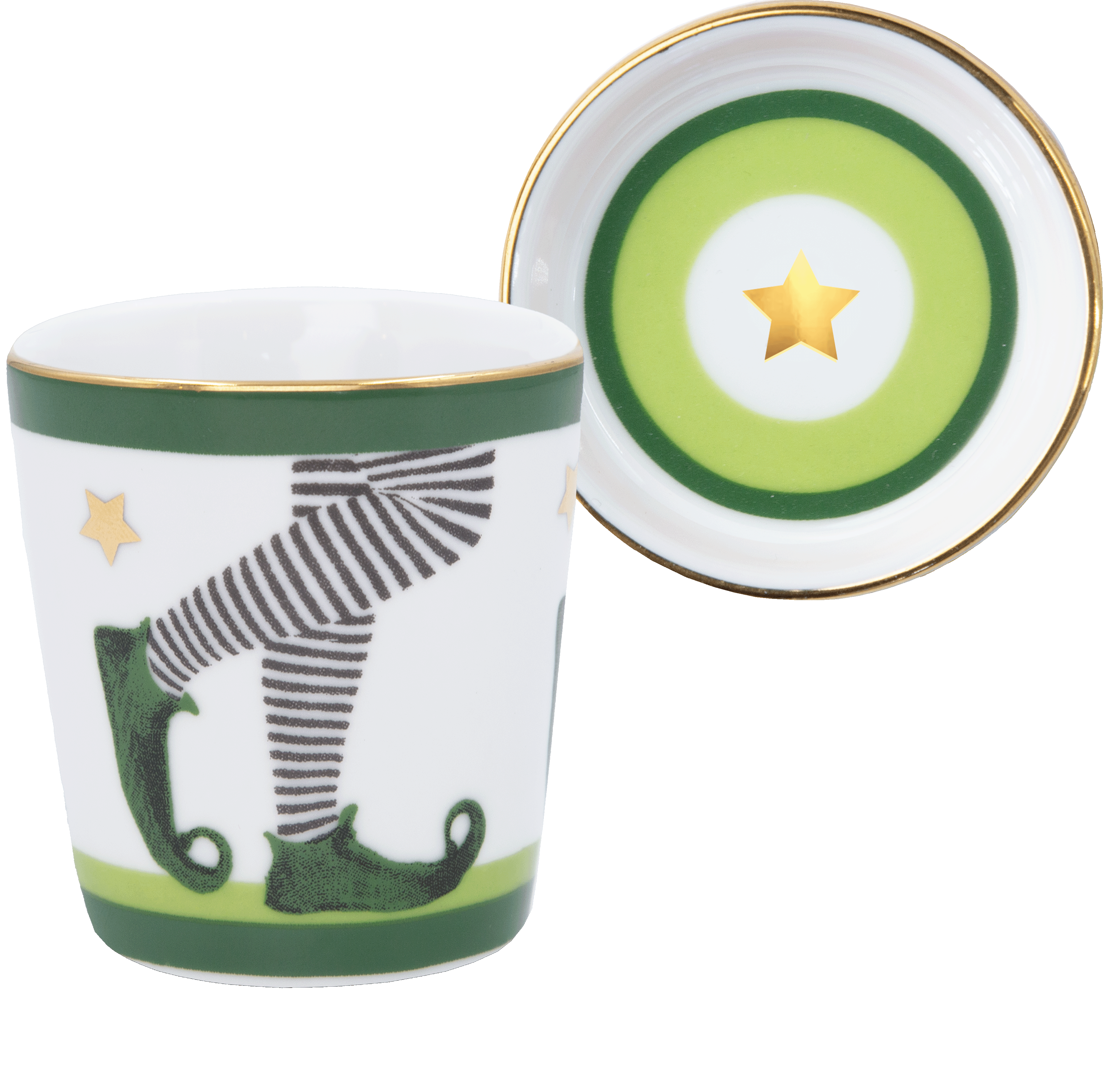 Elf & Co espresso cup and saucer — white porcelain with elf legs motif, green rings and a gold star by Amprio Milano