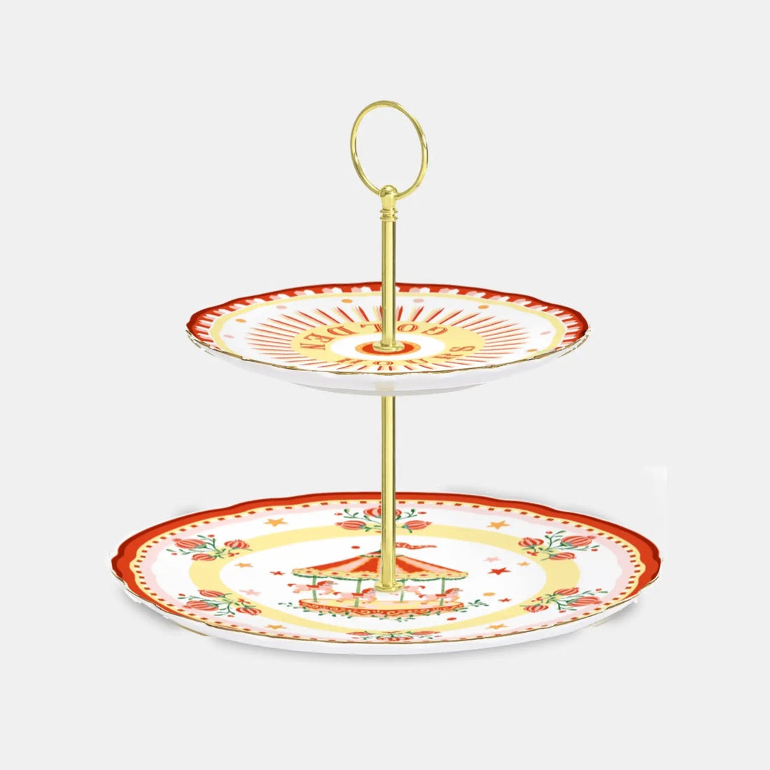 Mamma Mia Xmas two-tier porcelain cake stand with red and gold festive motifs and a brass handle