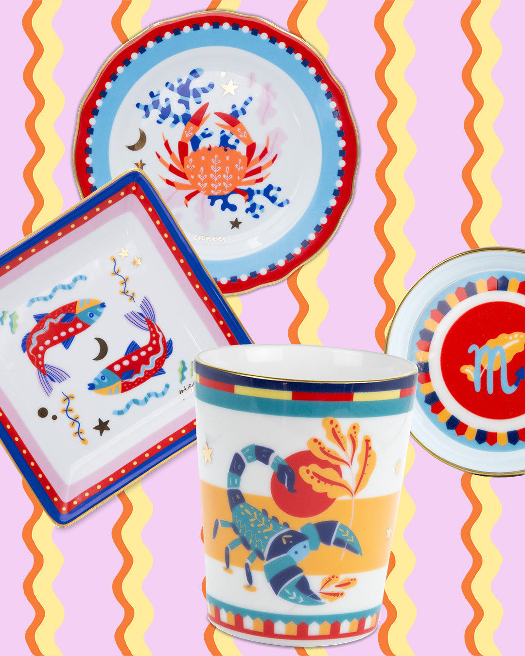 Zodiac collection tableware — colourful porcelain plates and cup with crab, fish and scorpion motifs by Amprio Milano