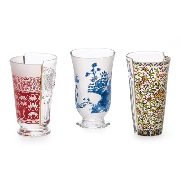 Three patterned glasses on a white background
